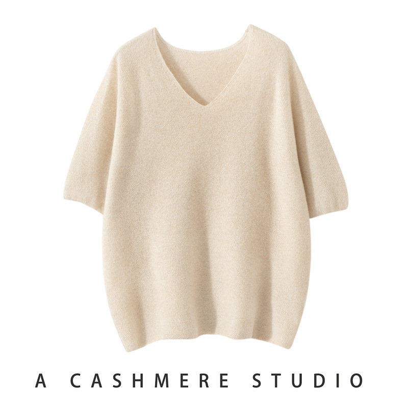 Early Autumn Thin Style 100% Pure Cashmere Women's First-Line Gold Silk Dot V-Neck Short-Sleeve Elegant Commuter Fashion Versatile Early Autumn Thin Style 100% Pure Cashmere Women's First-Line Gold Silk Dot V-Neck Short-Sleeve Elegant Commuter Fashion Versatile