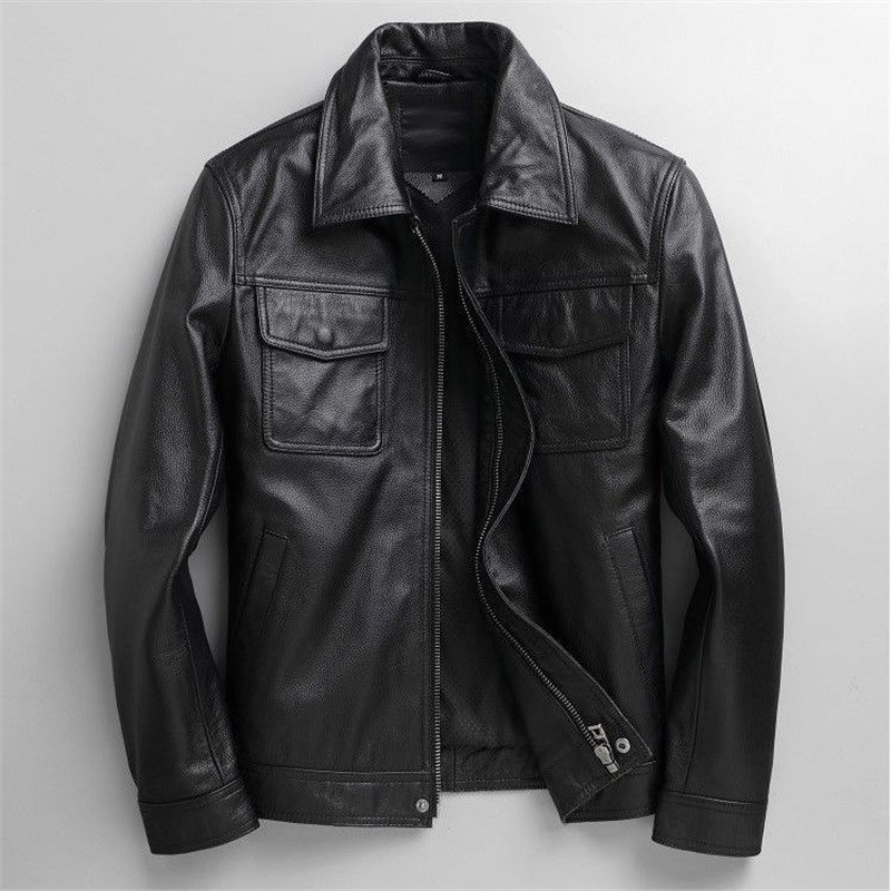 Slim-Fit Vintage Genuine Leather Jacket for Middle-Aged Men, Short Style, Distressed Leather, Ami Bargain
