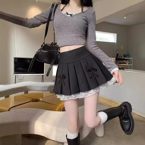 Lace-trimmed Pleated Skirt Women's Autumn Fashion Design High Waist A-line Hip-Hugging Short Skirt Fluffy Mini Skirt Girl's Skirt Pant