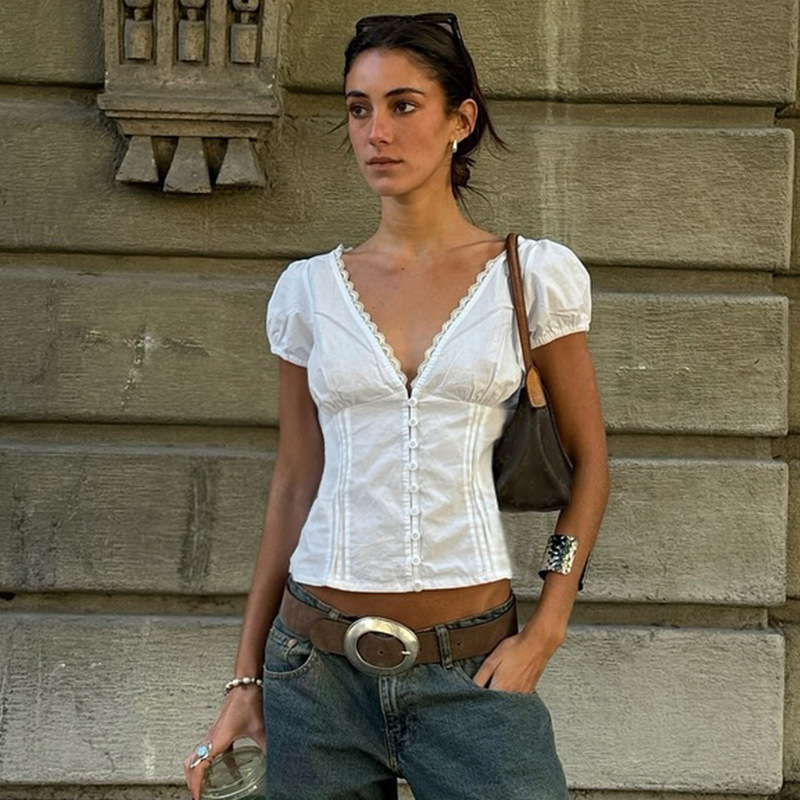 French-Style Youthful Lace Patchwork V-Neck Puff Short-Sleeve Shirt Slimming Button-Tie Waist Slim Short Top French-Style Youthful Lace Patchwork V-Neck Puff Short-Sleeve Shirt Slimming Button-Tie Waist Slim Short Top