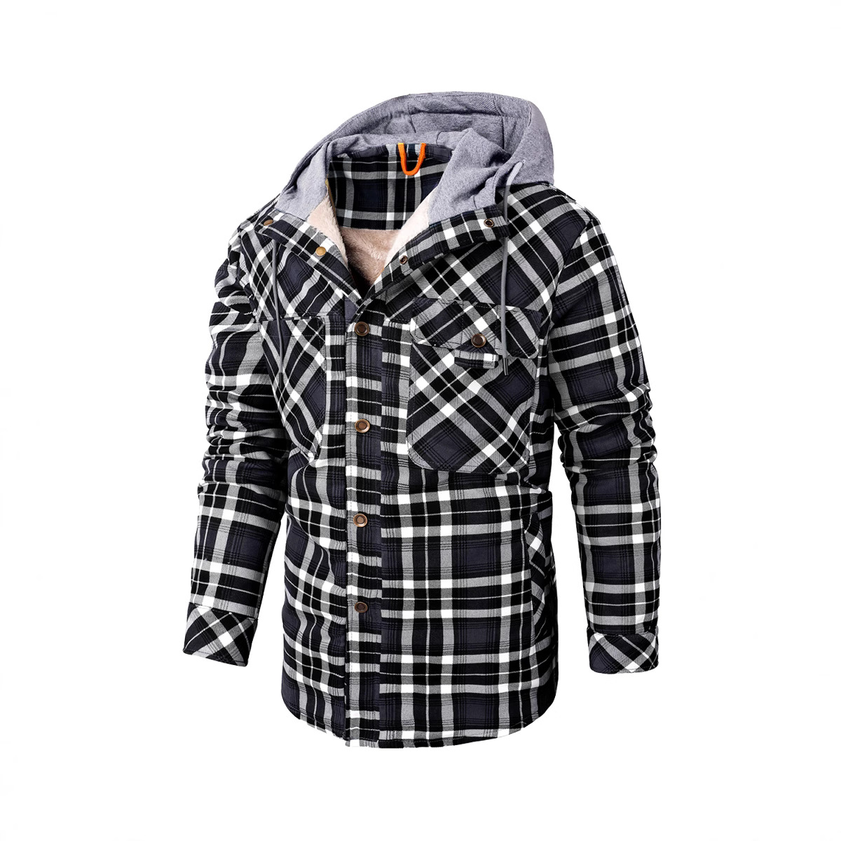 2023 transfronteriza especial de invierno de los hombres a cuadros de punto con capucha Camisa de algodón y engrosamiento chaqueta