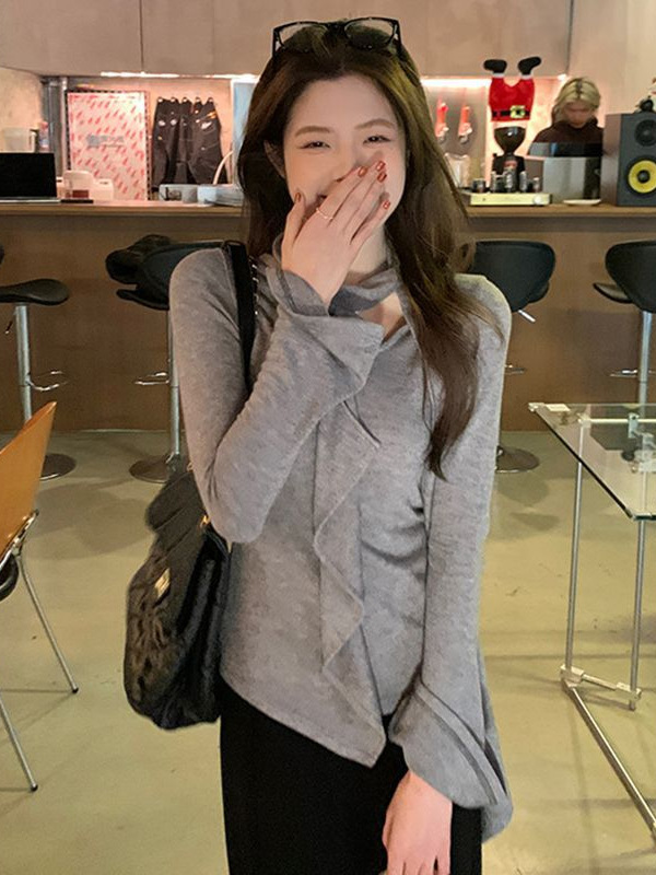 荷叶边飘带圆领长袖T恤衫女秋2025新款不规则设计感打底衫上衣潮|undefined
