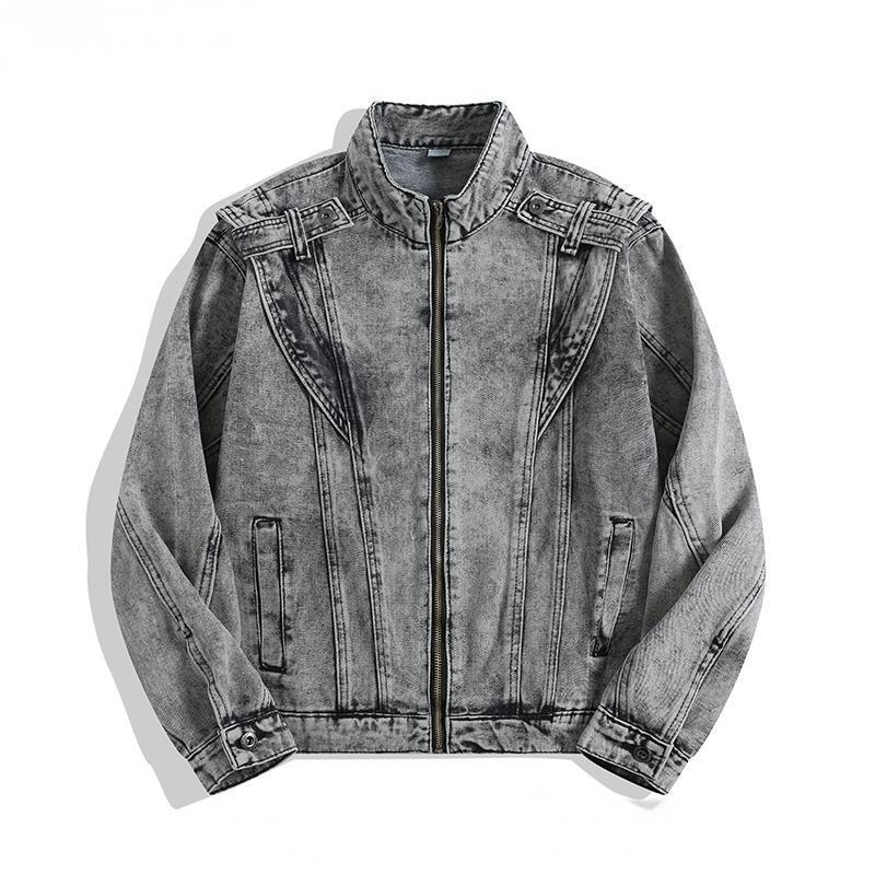 American Retro Heavy-Duty Denim Jacket for Men, High-End, Handsome, Washed, Distressed, Stand-Up Collar, Zipper Jacket, Top Coat