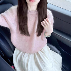 韩系早秋季氛围感穿搭粉色奶fufu软糯短袖针织衫毛衣女泡泡袖上衣