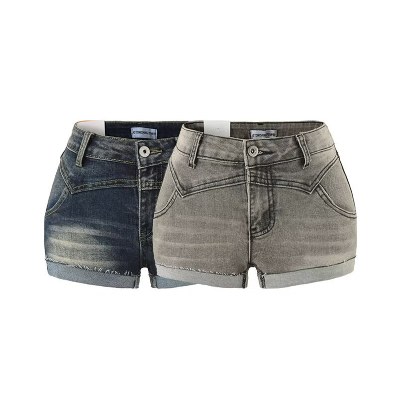 Hot Girl Style Long-Leg Denim Shorts with Triple Washing Process and Double-Layered Hem, Vintage Distressed Look Hot Girl Style Long-Leg Denim Shorts with Triple Washing Process and Double-Layered Hem, Vintage Distressed Look
