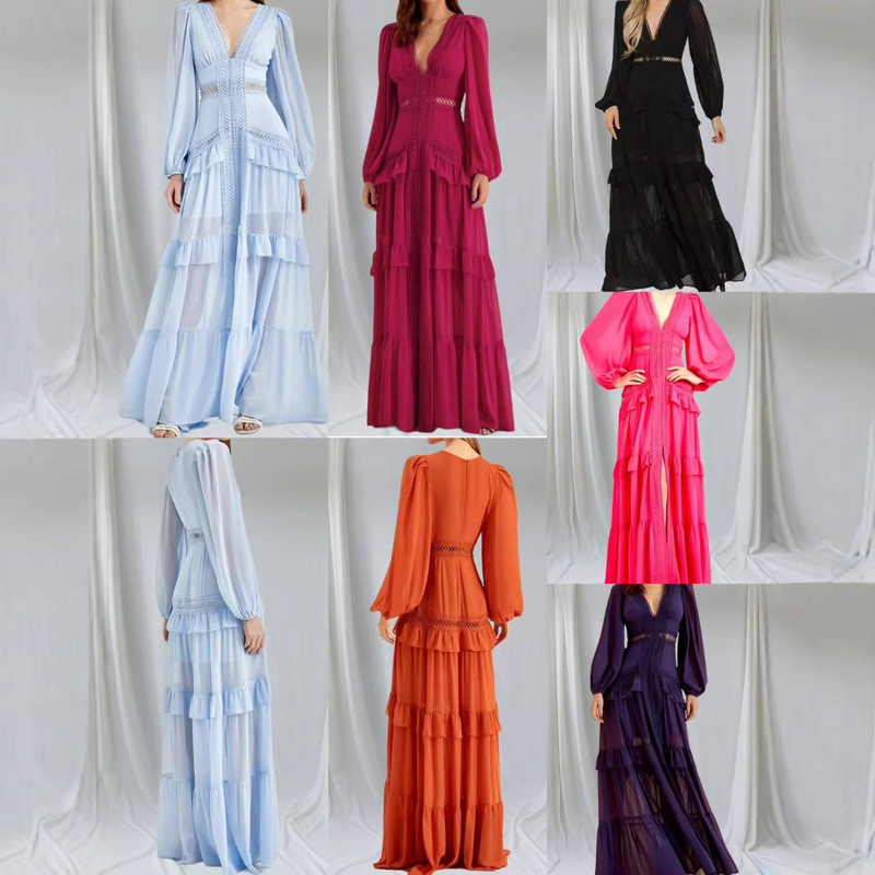 Cross-border Amazon Europe and America 2025 Spring and Summer Elegant Stitching Long Sleeve V-Neck dress Women's Long Dress Cross-border Amazon Europe and America 2025 Spring and Summer Elegant Stitching Long Sleeve V-Neck dress Women's Long Dress