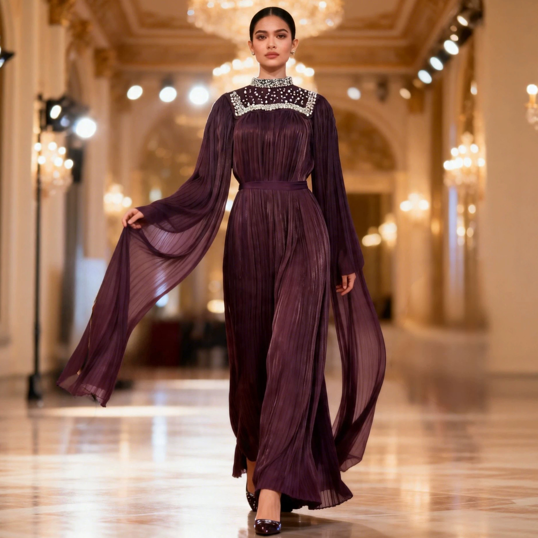 In-stock, fast shipping to Southeast Asia. Heavy-duty beaded chiffon pleated robe, elegant long-sleeved dress from Malaysia.