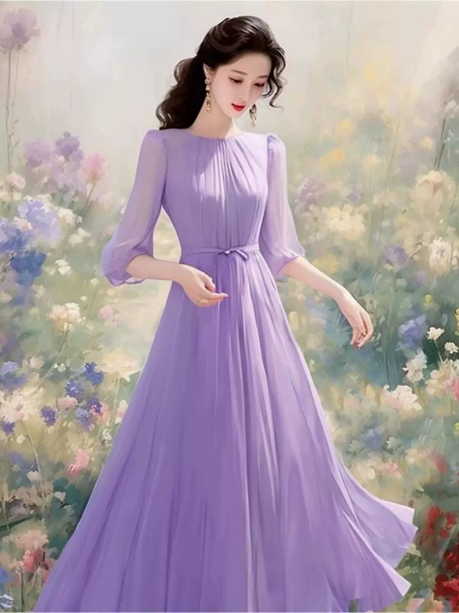 Váy liền voan tím phong cách Hepburn Pháp dáng dài thắt eo — Màu tím