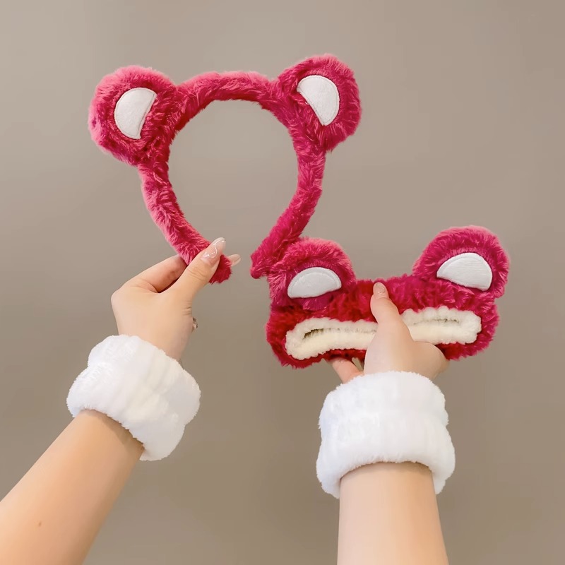 Lindo Rosa lavado de cara banda de pelo de las mujeres a prueba de humedad banda de muñeca banda de pelo absorbente de tres piezas conjunto máscara facial diadema especial