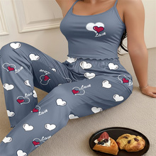 跨境2026欧美现货时尚女夏季新款睡衣吊带家居服印花长裤性感套装