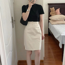 『七月自制』夏季新款白色高腰显瘦中裙A字开叉半身裙
