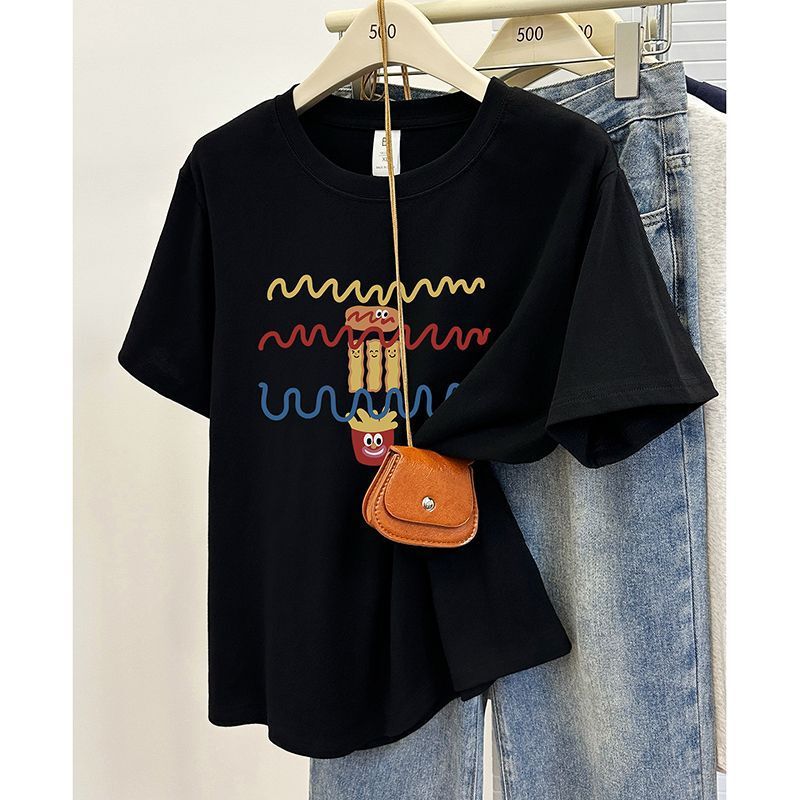 2026 Summer New Style Regular Shoulder T-Shirt That Covers the Belly and Hides the Flesh, Versatile T-Shirt with Niche Print, Short-Sleeved Women's Top 2026 Summer New Style Regular Shoulder T-Shirt That Covers the Belly and Hides the Flesh, Versatile T-Shirt with Niche Print, Short-Sleeved Women's Top