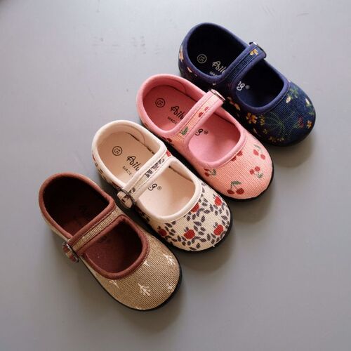  Autumn Corduroy Floral Canvas Shoes Girls Kindergarten Square Mouth Indoor Shoes Soft Sole Anti-Slip 1-8 Years Old