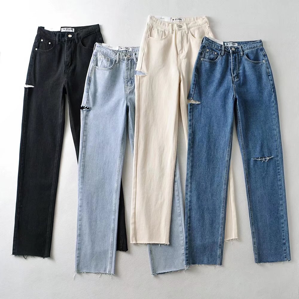 春秋款高腰宽松直筒牛仔裤长裤割破漏洞无锁边拖地裤子纯色