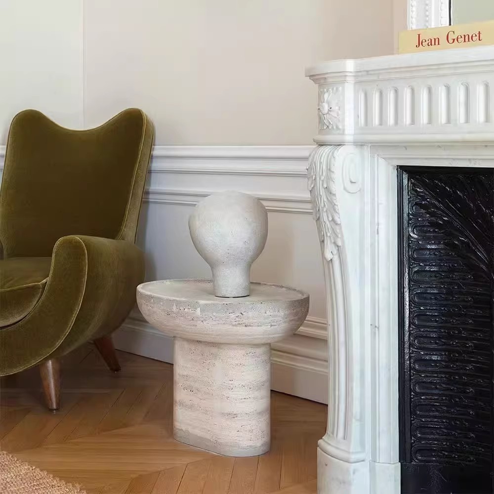 Nordic Style Simple Gray Travertine Living Room Sofa Side Table for Small Apartment Oval Balcony Tea Table Light Luxury Corner Table