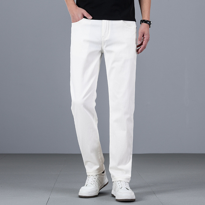 Light Luxury High-End White Jeans Men's Straight Elastic Trendy Solid Color Versatile Cotton High-Waisted Business Pants New Style