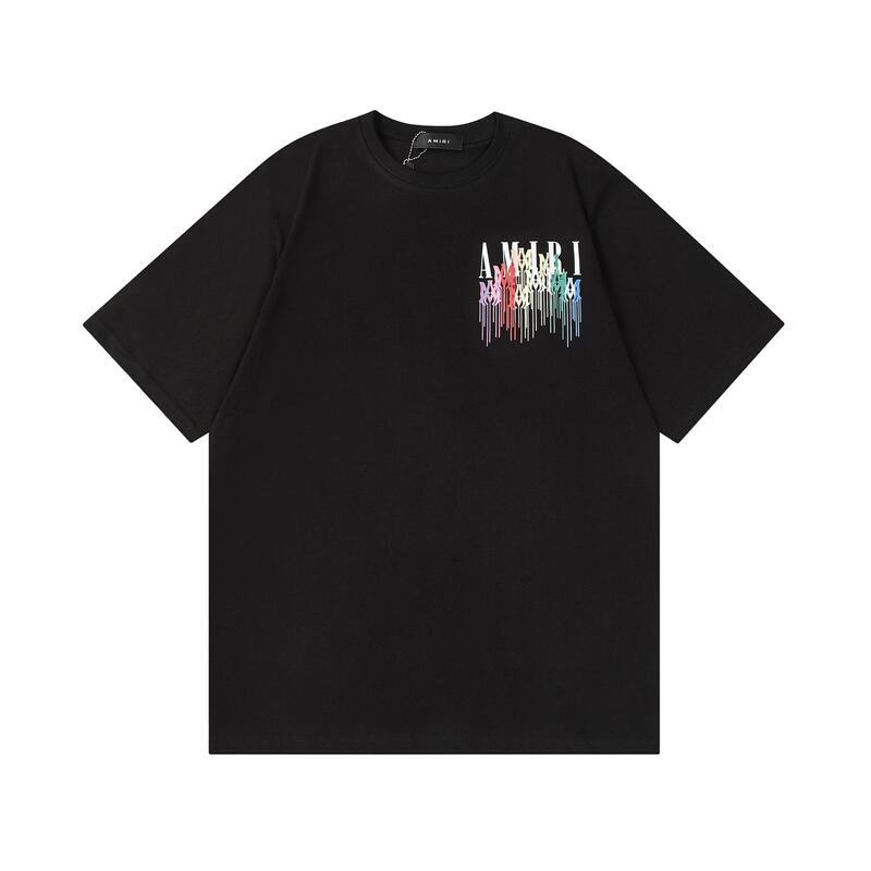 New Am1R1 Colorful Drip Letter Print Round Neck Unisex Loose Casual Short-Sleeve T-Shirt Trendy