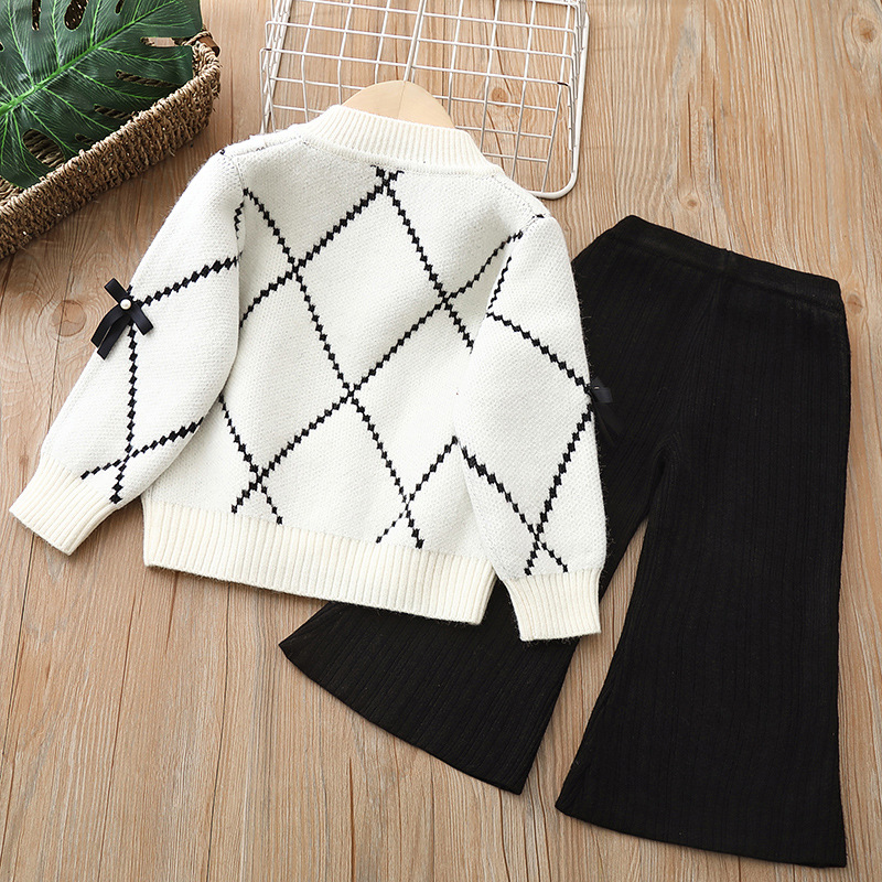 Xiaoxiangfeng Mädchenpullover, zweiteiliges Strickset für Kinder, neues Damen-Strickjackenset mit Schatzschleife_voghion.com