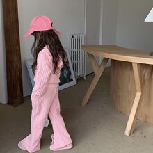 女童套装春秋装休闲中大童韩版针织长袖上衣开叉喇叭裤两件套潮品