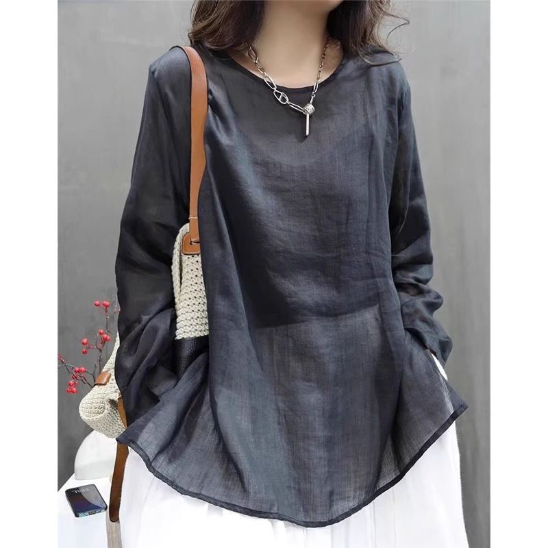 Women's Spring and Summer Lightweight Vintage Cotton-Linen Long-Sleeve T-Shirt Chinese Style Pullover Mid-Length Shirt Dress Top Women's Spring and Summer Lightweight Vintage Cotton-Linen Long-Sleeve T-Shirt Chinese Style Pullover Mid-Length Shirt Dress Top