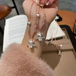 纯银kt猫项链吊坠足银999卡通编绳爱心天使之翼项链六一送小女孩