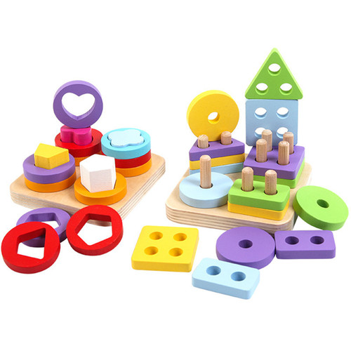 Children's wooden set of column toys geometric shape wooden early education puzzle Montessori enlightenment multi-functional intellectual building blocks