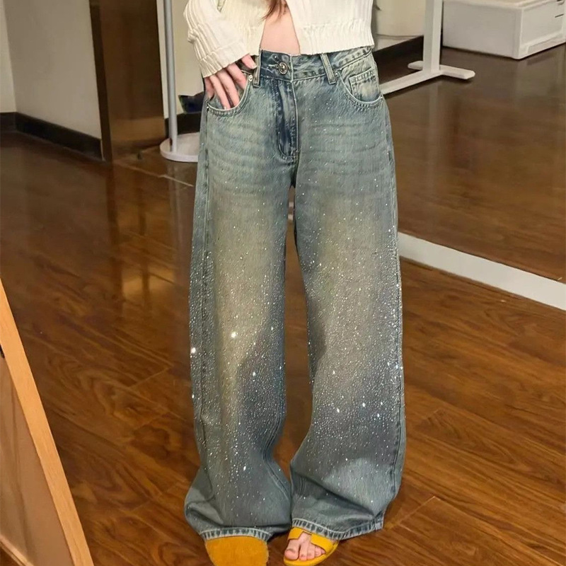 Starry Sky Rhinestone Wide-Leg Jeans for Women, 2026 Spring Design, Loose Fit, Slimming, with Rhinestones, Heavy-Duty Straight-Leg Pants Starry Sky Rhinestone Wide-Leg Jeans for Women, 2026 Spring Design, Loose Fit, Slimming, with Rhinestones, Heavy-Duty Straight-Leg Pants