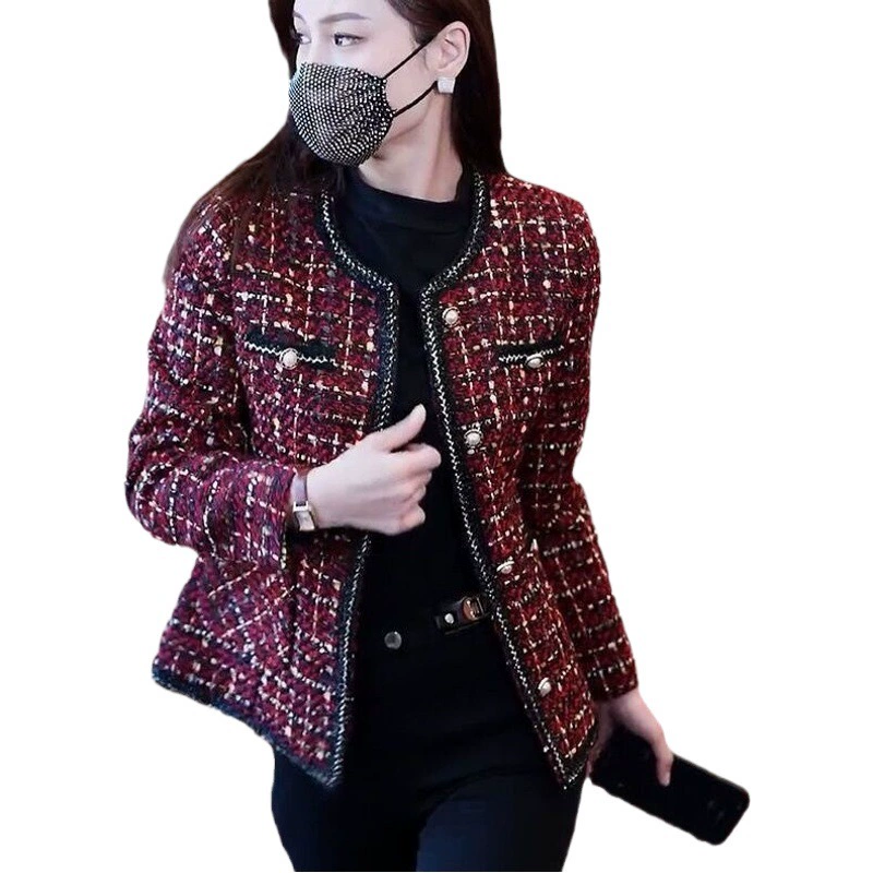 Интернет-знаменитости, новый облегающий топ с круглым вырезом, весенняя новая клетчатая куртка с длинными рукавами, маленькая элитная женская куртка в ароматном стиле, короткий стиль