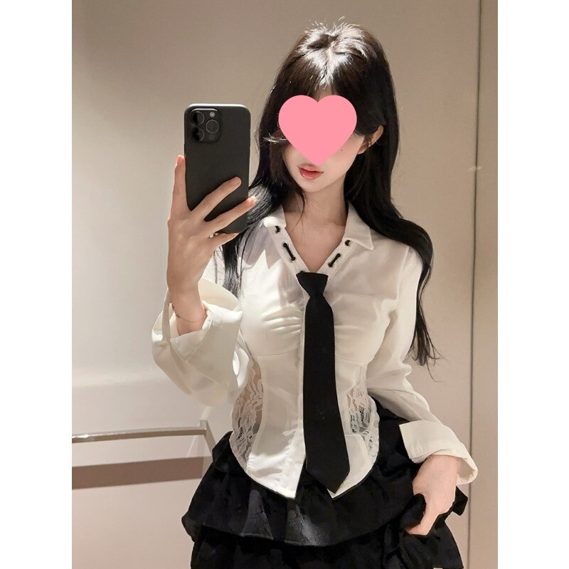 Plus-size women's clothing in college style with tie, puff sleeves, lace shirt, pure and sexy top Plus-size women's clothing in college style with tie, puff sleeves, lace shirt, pure and sexy top