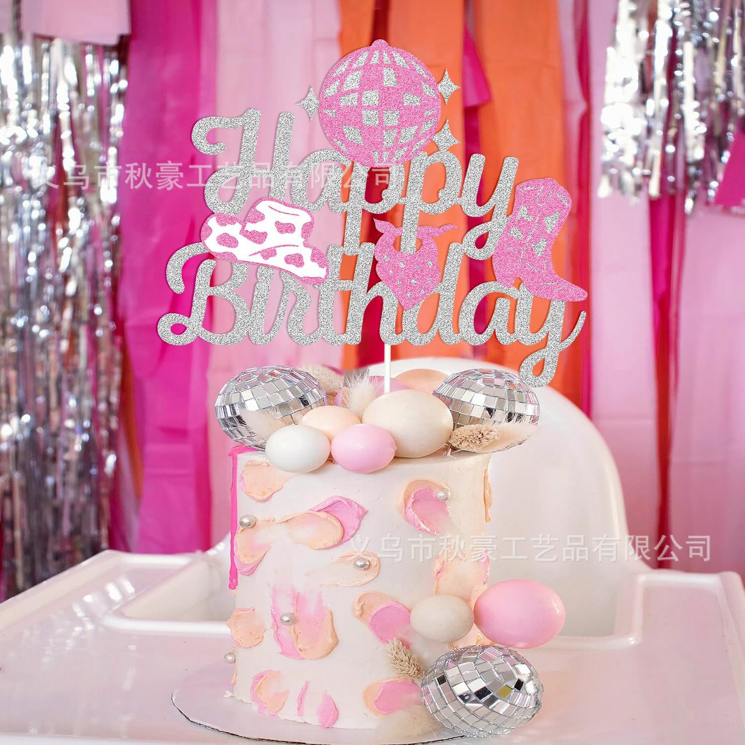 Decoración de fiesta de tarjetas de pastel feliz cumpleaños temático vaquero rosa decoración de pastel de cumpleaños 2024 ventas calientes transfronterizas