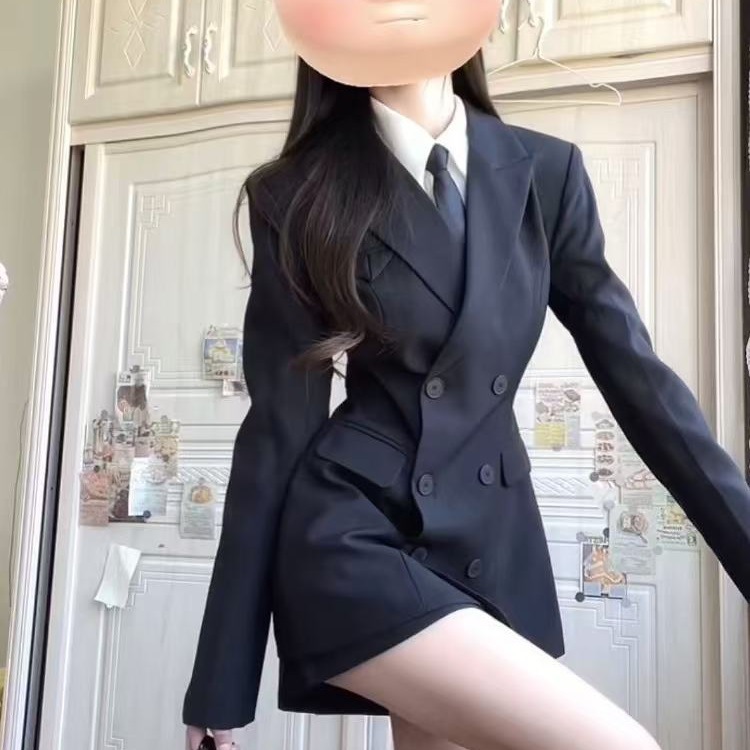 2025感学院风三件套张元英同款毛呢夹棉西装套装女冬季修身包臀裙