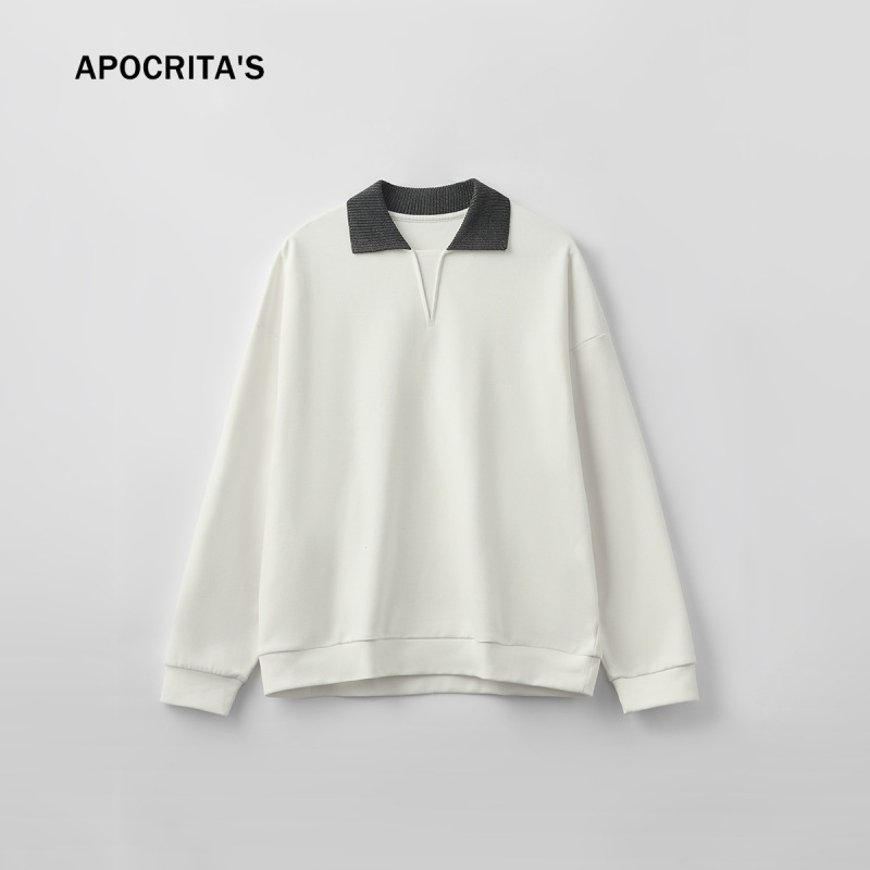 APO | クロスボーダーメンズスウェットシャツトレンディな秋のコントラストカラーステッチラペル長袖Tシャツルーズインナートップ|undefined