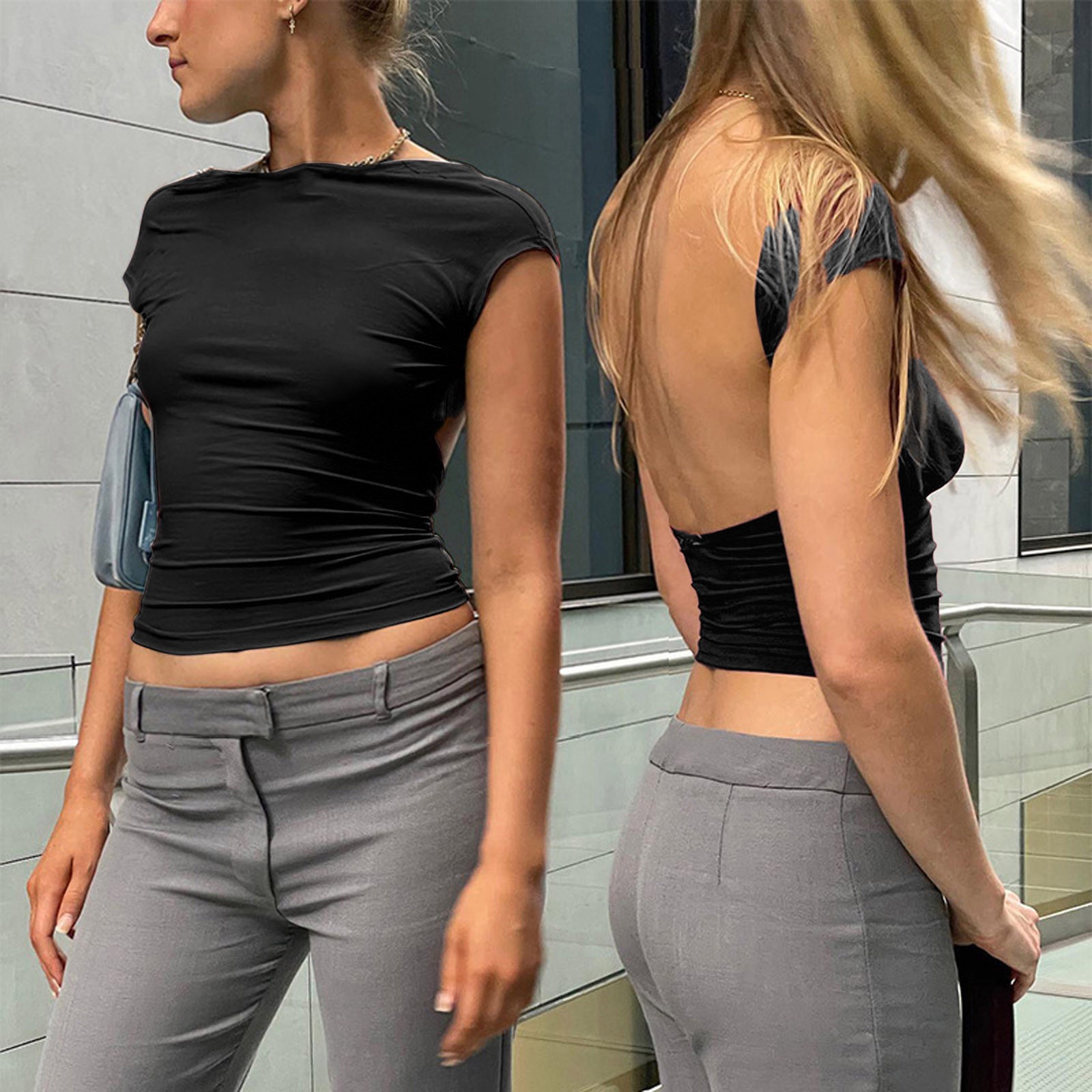 Hollowed-out Backless Top Tight Tight Net Navel 세미 하이 넥 솔리드 컬러 2022 여름 스파이스 소녀 섹시한 유럽과 미국 여성 티셔츠