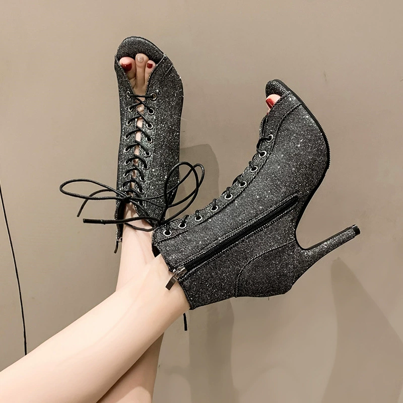 Женские сандалии для внешней торговли на тонком каблуке, дизайн с открытым носком, летние короткие ботинки с вырезами, высокие каблуки для джазовых танцев на шнуровке, сетчатые ботинки большого размера.