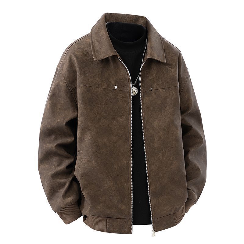 Retro Brown Lapel Pu Leather Jacket for Men and Women, High-End American Motorcycle Pilot Lapel Leather Jacket Top