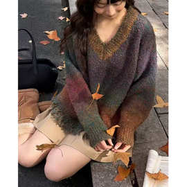 外贸速卖通渐变色宽松套头毛衣女秋冬新款下摆流苏设计小众针织衫
