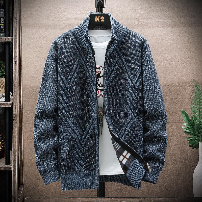 Foreign Trade 2025 Autumn and Winter New Men's Velvet Large Size Geometric Pattern Stand-Up Collar Cardigan Sweater Jacket Youth Casual