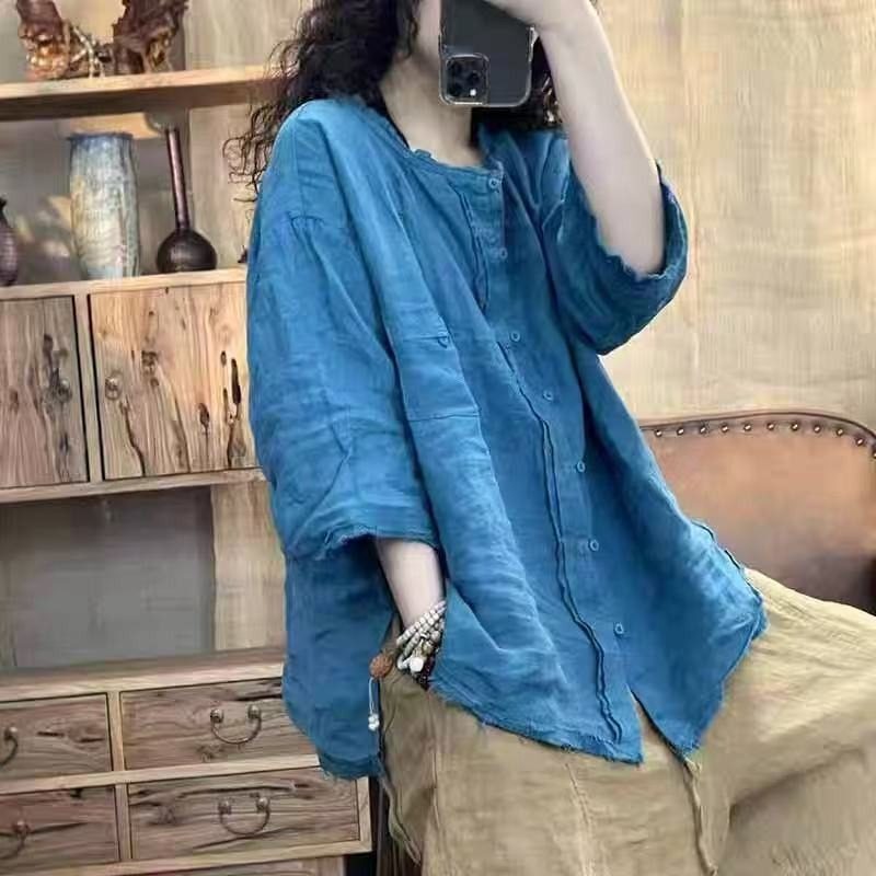 Artistic Retro Large-Size Linen Shirt Cardigan for Women, Summer Sun-Protective Thin Jacket, Loose Casual Half-Sleeve Cotton-Linen Top Artistic Retro Large-Size Linen Shirt Cardigan for Women, Summer Sun-Protective Thin Jacket, Loose Casual Half-Sleeve Cotton-Linen Top