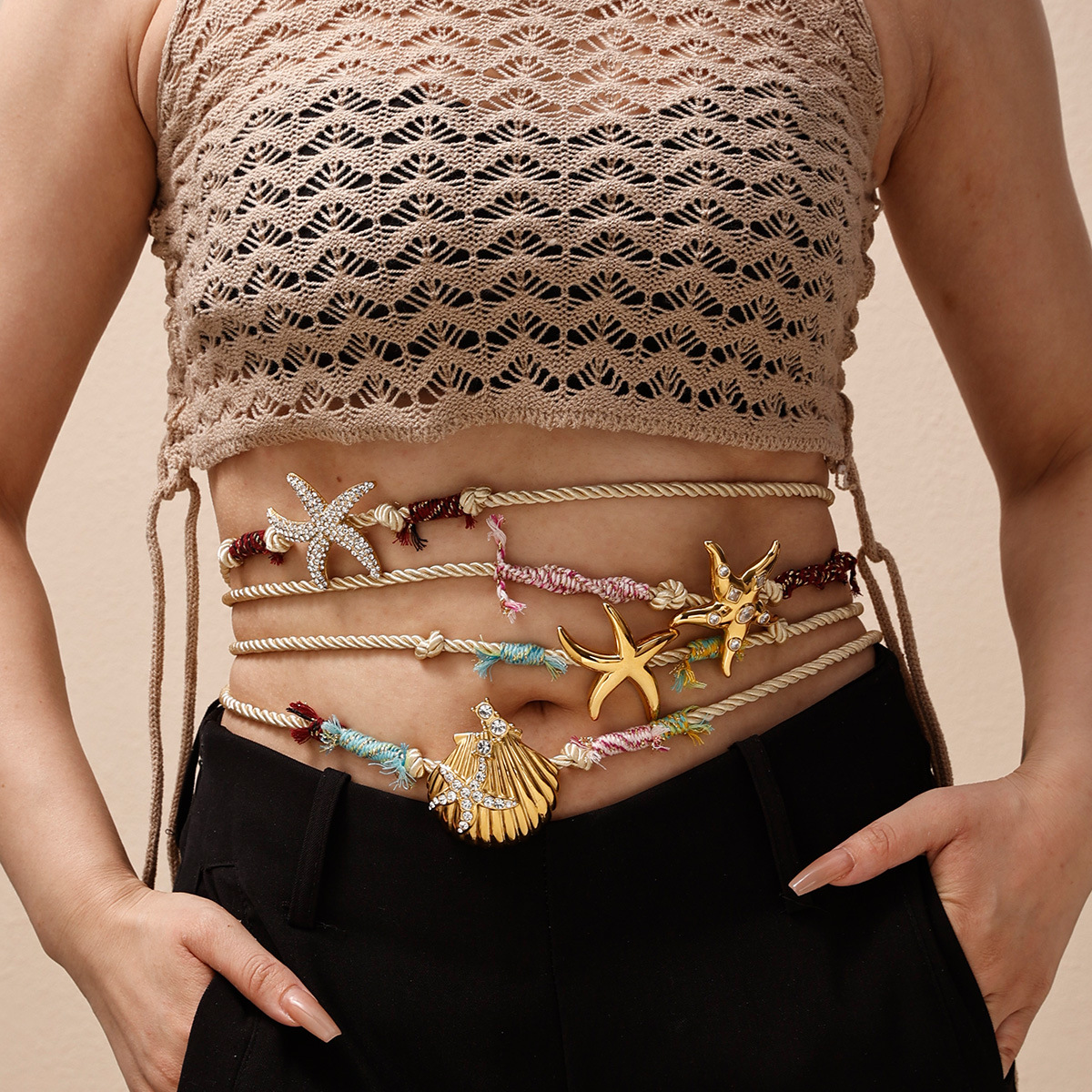 Taena collar de acero inoxidable europeo y americano diseño de nicho femenino concha de acero de titanio circonita collar tejido de cuerda gruesa cadena de cintura de doble propósito