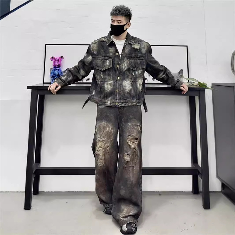 2024 Spring and Autumn Painted Old Denim Jacket Ripped Denim Trousers Men's Loose suit Trendy Brand American Men's Wear