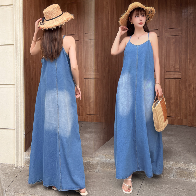 Real Shot of Spring and Summer New Korean Style High-End Denim Suspender Skirt Sleeveless Mid-Length Slim Dress
