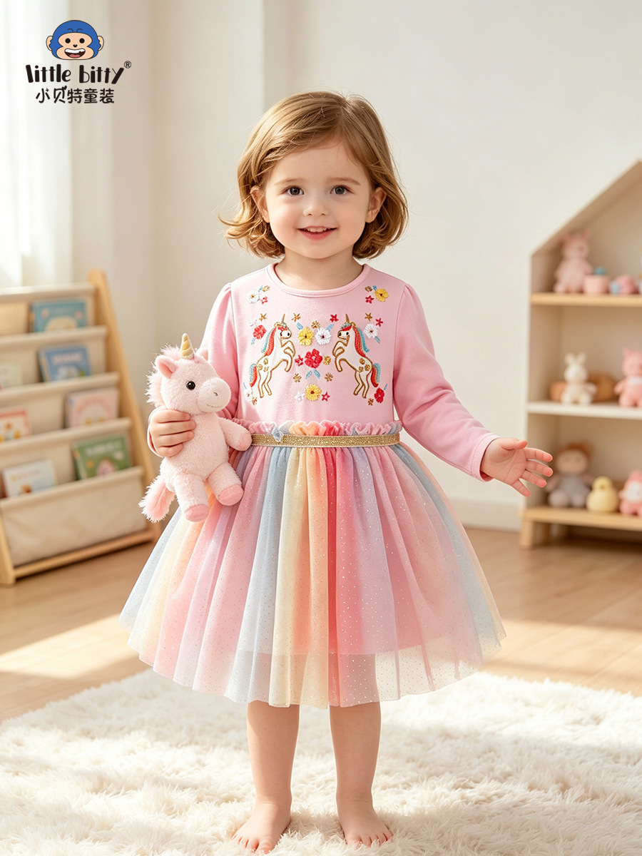 European and American style 2026 children's princess dress, autumn cartoon unicorn flower embroidered sweet girl's long-sleeve dress