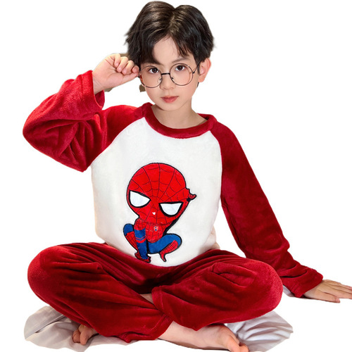 Children's sleepwear flannel winter for girls and boys coral velvet one-piece hooded set for middle-aged children boys home wear set