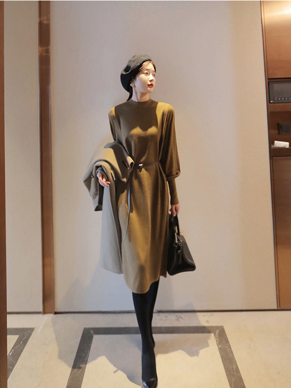 韓国東大門婦人服 2025 新しい秋と冬のニットドレスミドル丈ボトムスリムセーターロングスカート|undefined