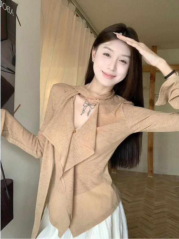 松弛系设计感飘带V领长袖T恤女2025秋季新款修身显瘦小众chic上衣|undefined