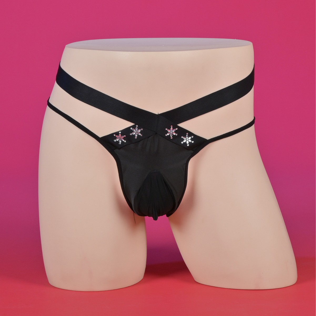 2025 New French Lace Satin Hollow-Out Back Design Panties with Rhinestone Shiny Small Flower Elastic Personality Triangle