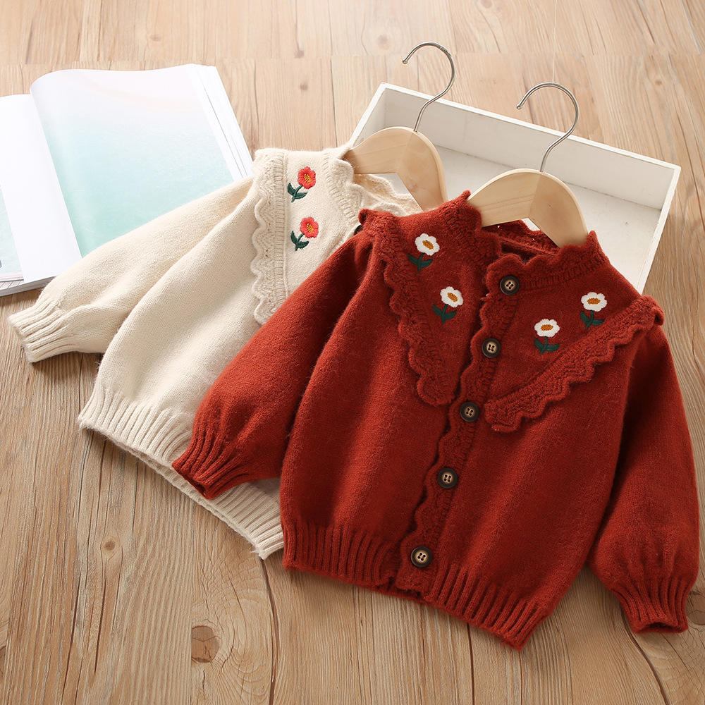 Girls Cardigan Sweater Embroidered Floral Knitted Autumn Winter_voghion.com