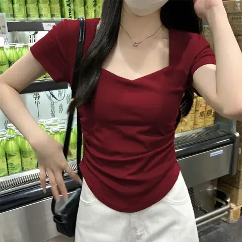 Square Neck Short-Sleeve T-Shirt for Women, Summer 2026 New Style, Waist-Cinching, Slim-Fit, Short-Length, Student-Style, Ruched Top, Trendy Square Neck Short-Sleeve T-Shirt for Women, Summer 2026 New Style, Waist-Cinching, Slim-Fit, Short-Length, Student-Style, Ruched Top, Trendy