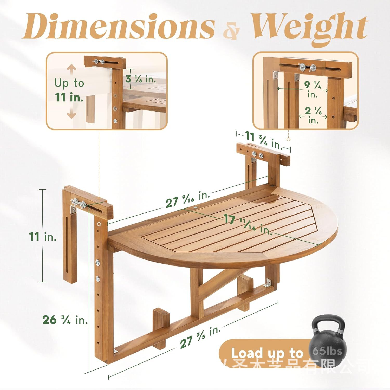 Mesa de cubierta de balcón plegable transfronteriza Mesa de barandilla colgante al aire libre de madera maciza Mesa plegable ajustable de estilo moderno de madera maciza