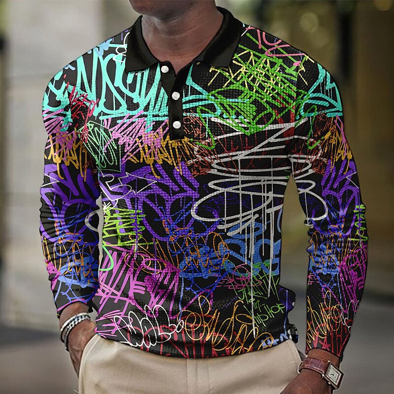 3D graffiti pattern printing hip hop European and American men's polo shirt outdoor casual daily lapel cross-border polo shirt